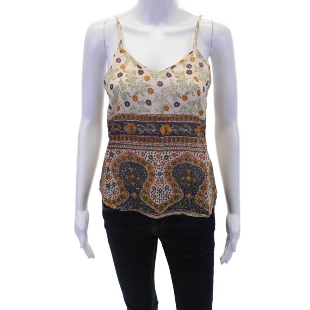 Bell Womens Spaghetti Strap V Neck Floral Tank Top White Brown Cotton Size XS